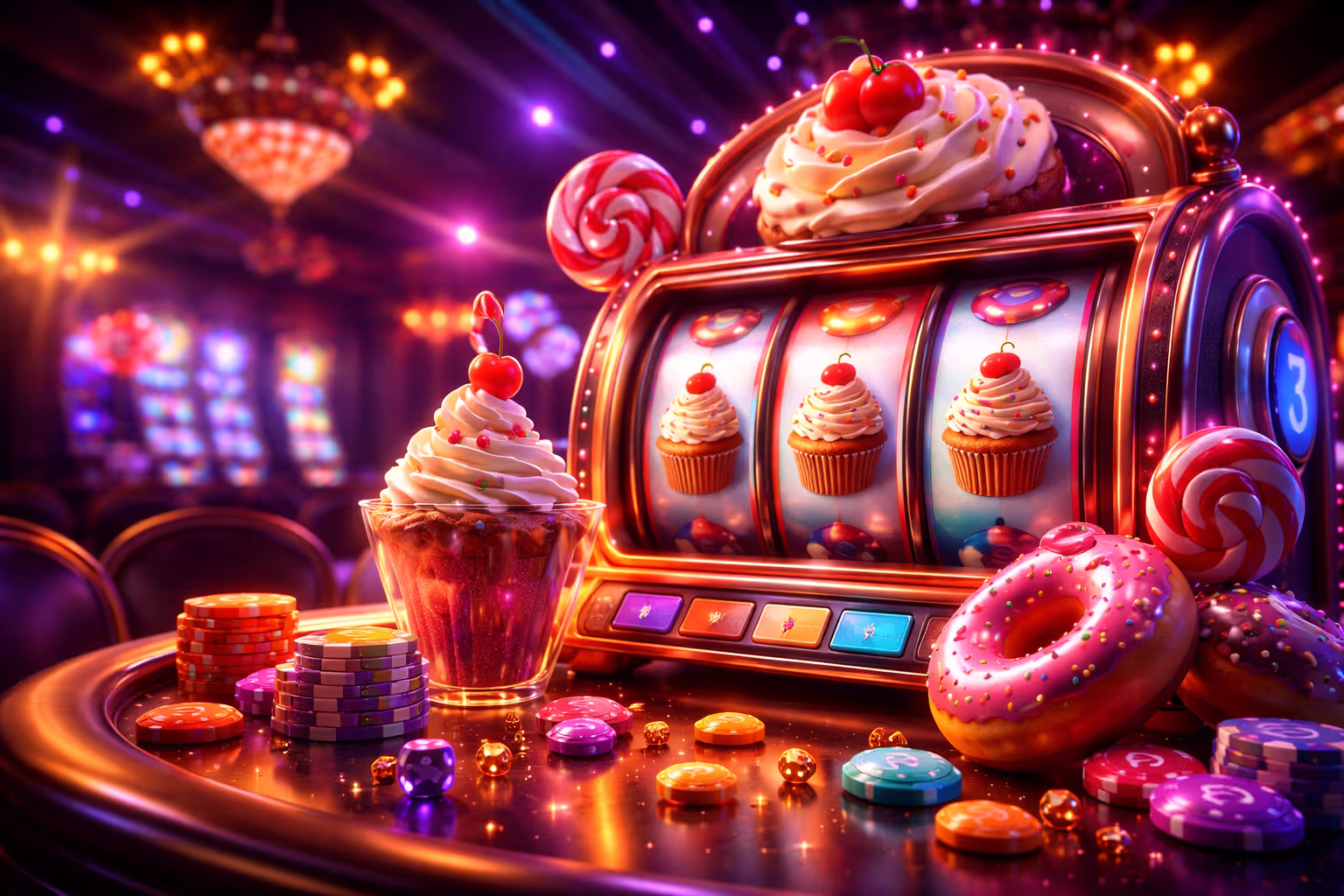 Whimsical dessert-themed slot machine psychology illustration
